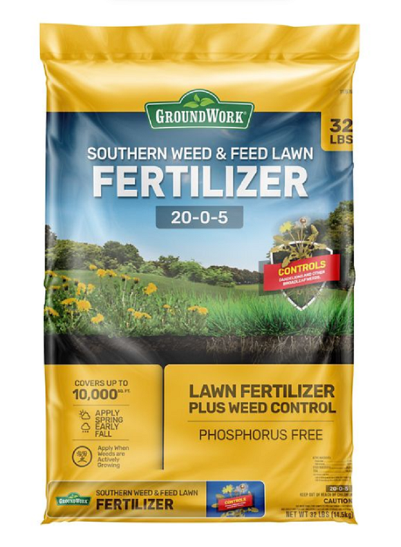 GroundWork 100525068 Southern Weed & Feed Lawn Fertilizer 20-0-5, 32 lb.