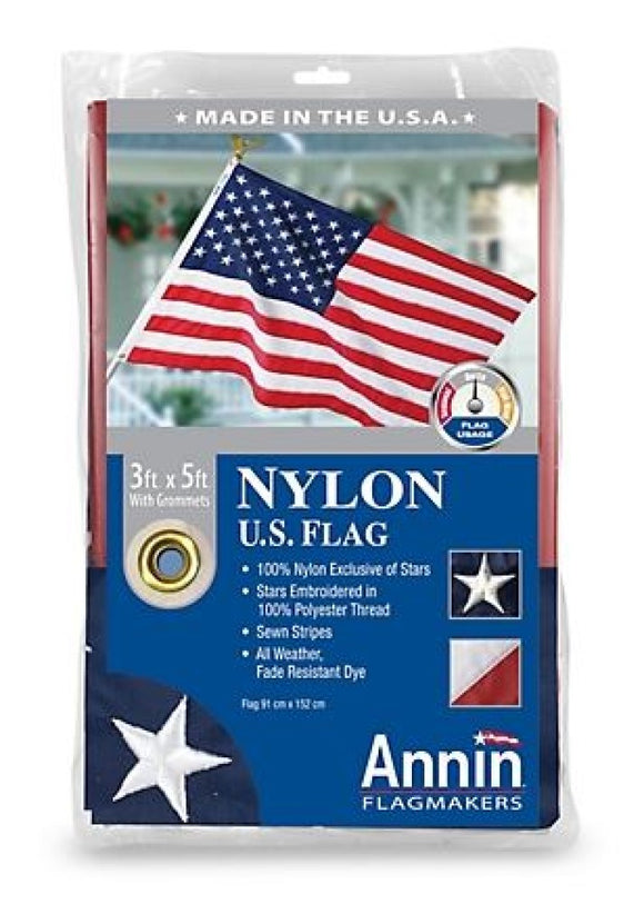 Annin 002450R Nylon USA Patriotic Flag with Embroidered Stars, 3 ft. x 5 ft.