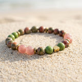Earth Tone Beaded Bracelet, Green Pink Natural Stone with Heart Charm Stretch Gemstone, Boho Handmade Jewelry, Stackable