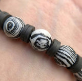 Handmade Black Onyx-style & Zebra Jasper-like Beaded Bracelet, Black White Swirl Stone, Gray Polymer Clay Heishi Spacer Beads, Boho