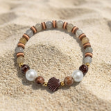 Handmade Wood and Pearl Beaded Bracelet Earth Tone Gemstone Seashell Charm Jewelry Coastal Boho Style
