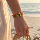 Handmade Orange Green Beaded Bracelet Set, Starfish & Heart Charms, Boho Ocean Jewelry