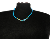 Blue Beaded Necklace with Daisy Charm, Minimalist Cute Seed Bead Summer Jewelry, Metal-Plated Clasp, Extension Chain
