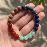 Natural Stone Beaded Bracelet – Blue Green Red Bead Smooth Round Gemstone, Stretch Boho Jewelry