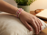 Handmade Pink White Beaded Bracelet Set, Heart Charm, Boho Ocean Jewelry