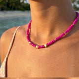 Pink Beaded Gold Star Necklace, Hot Pink Choker Bead Jewelry, Cute Minimalist, Metal-Plated Clasp w/ Extension Chain