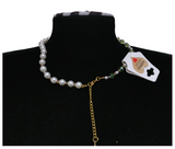 Handcrafted Spring Leaf and Pearl Necklace with Faceted Crystal Beads, Metal-Plated Clasp w/ Extension Chain