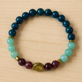 Teal and Mint Beaded Bracelet with Gold Center Accent, Stretch Boho Handmade Gemstone, Stacking Natural Stone, Gift for Her