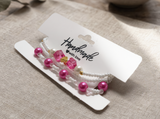 Handmade Pink White Beaded Bracelet Set, Heart Charm, Boho Ocean Jewelry