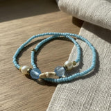Blue Beaded Bracelet Set with Pearl Charm, Handmade Turquoise Seed Beads Minimalist Stretch Jewelry Gift For Her