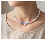 Handcrafted Pink Bloom Beaded Necklace, Metal-Plated Clasp w/ Extension Chain
