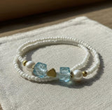 Handmade White Beaded Bracelet with Blue Cube Beads, Pearl Accents & Gold-Tone Spacers - Cute Friendship Jewelry Gift