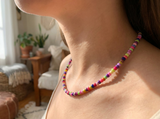 Handmade Multicolor Candy Beaded Choker, Vibrant Rainbow Seed Bead Necklace.