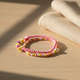 Pink Yellow Beaded Bracelet Set— Handmade Personalized Stretch Seed Beads Jewelry, Cute Best Friend Gift