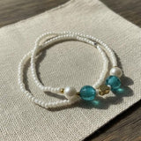 Handmade White Seed Bead Bracelet Set with Blue Glass Beads and Gold Heart Charm— Dainty Pearl Accent, Boho Coastal Jewelry