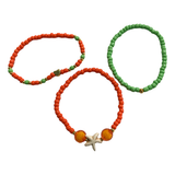 Handmade Orange Green Beaded Bracelet Set, Starfish & Heart Charms, Boho Ocean Jewelry