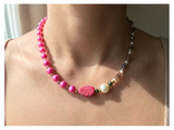 Handcrafted Pink Pearl Necklace with Faceted Crystal Beads, Metal-Plated Clasp w/ Extension Chain