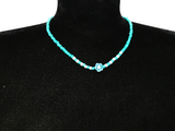 Turquoise Beaded Necklace with Flower Charm, Dainty Seed Beads Floral Jewelry, Metal-Plated Clasp with Extension Chain, Minimalist