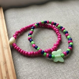 Handmade Pink Green Blue Beaded Bracelet Set, Butterfly Charm & Oval Accent, Playful Boho Jewelry
