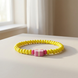 Handmade Yellow Beaded Bracelet, Pink Floral Accent, Playful Casual Jewelry
