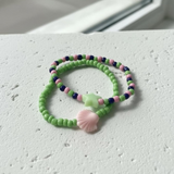 Pastel Mermaid Seed Bead Bracelet Set, Green Pink Shell & Star Charm Jewelry