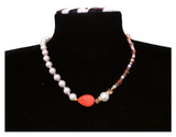 Handcrafted Classic-Modern Pearl Necklace w/ Glass Crystal Beads, Metal-Plated Clasp w/ Extension Chain