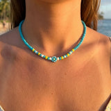 Blue Beaded Necklace with Daisy Charm, Minimalist Cute Seed Bead Summer Jewelry, Metal-Plated Clasp, Extension Chain