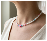 Handcrafted Pink Bloom Beaded Necklace, Metal-Plated Clasp w/ Extension Chain