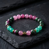 Ruby Zoisite Green Aventurine & Pink Jade Beaded Bracelet with Heart Charm Stretch Boho Gemstone Natural Stone Jewelry