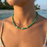 Green Seed Bead Necklace with Gold Star Charms, Dainty Beaded Jewelry Metal-Plated Clasp w/ Extension Chain
