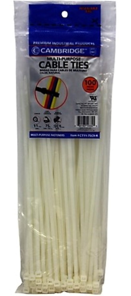 Cambridge CT11-75C9-R 11 in. White Cable Ties, Natural,100-Pack