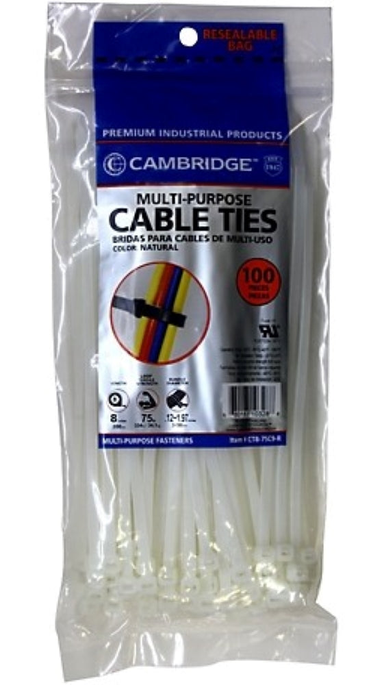 Cambridge CT8-75C9-R 8 in. White Cable Ties, Natural, 100-Pack