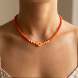 Beaded Flower Necklace, Orange Daisy Choker Seed Bead Jewelry, Summer Aesthetic, Metal-Plated Clasp w/ Extension Chain
