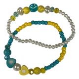 Blue Yellow Beaded Bracelet Set, Smiley Face Heart Bracelet, Colorful Friendship Jewelry, Faux Pearls Stackable Summer Gift