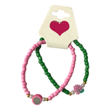 Handmade Pink Green Beaded Bracelet Set, Mushroom Charm & Pattern Accents, Playful Boho Jewelry