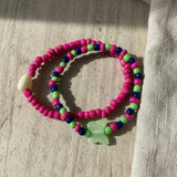 Handmade Pink Green Blue Beaded Bracelet Set, Butterfly Charm & Oval Accent, Playful Boho Jewelry