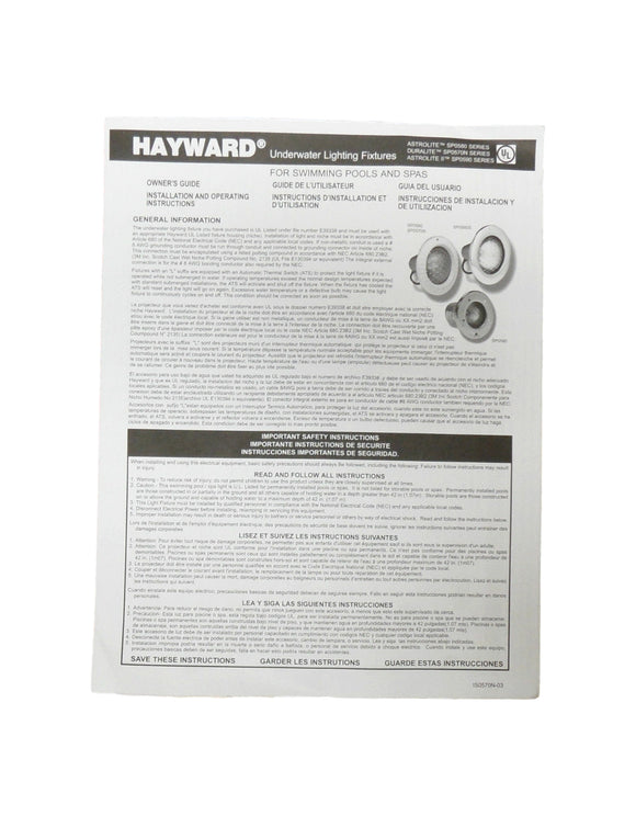Hayward Underwater Light SP0580 SP0570N SP0590 Astrolite Duralite Owner's Manual