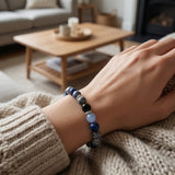 Blue Gemstone Beaded Bracelet, Navy and Gray Stretch Stackable Jewelry Handmade Minimalist Natural Stone Stackable Gift for Her