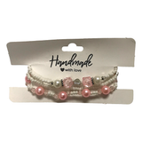 Handmade Pink White Pearl-Like Beaded Bracelet Set, Heart Charm, Boho Ocean Jewelry