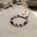 Purple & Pink Beaded Bracelet, Natural Stone Stretch Gemstone with Gold Heart Charm, Minimalist Boho Stackable, Gift for Women