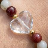 Handmade Gemstone Romantic Beaded Heart Bracelet Crystal Jewelry Red and Clear Boho Style Minimalist