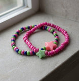 Handmade Beaded Friendship Bracelet Set (2 pcs) – Pink, Green & Blue Beads with Star Accents