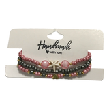 Handmade Pink Gray Gold Beaded Bracelet Set, Starfish & Heart Charms, Boho Ocean Jewelry