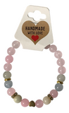Pink Pastel Beaded Bracelet with Gold Heart Charm, Smooth Round Natural Stone Handmade Stretch Bracelet, Dainty Crystal Style Jewelry