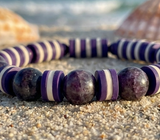 Handmade Heishi Bracelet – Amethyst-Style Violet Plum & White Shell Disc & Round Beads – Boho Style