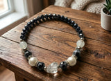 Handmade Beaded Bracelet – Faceted Jet Black & White Pearl-Style Beads, Monochrome Boho Chic Jewelry