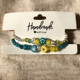 Blue Yellow Beaded Bracelet Set, Smiley Face Heart Bracelet, Colorful Friendship Jewelry, Faux Pearls Stackable Summer Gift