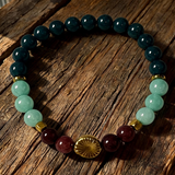 Teal and Mint Beaded Bracelet with Gold Center Accent, Stretch Boho Handmade Gemstone, Stacking Natural Stone, Gift for Her