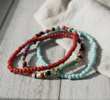 Handmade 3-Piece Colorful Beaded Bracelet Set Red Blue Yellow Black White with Marbled Accent Gift
