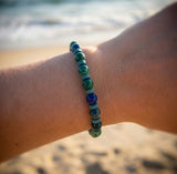 Handmade Beaded Bracelet – Blue & Green Beads with Matching Disc Spacers